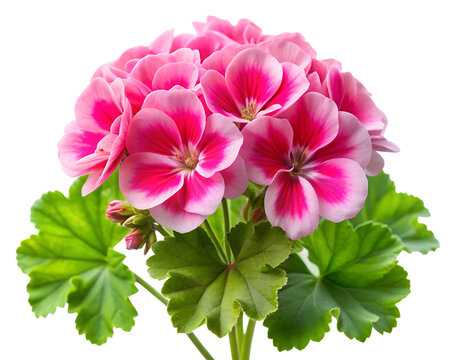 Beautiful blooming geranium with pink blossoms isolated on the white background