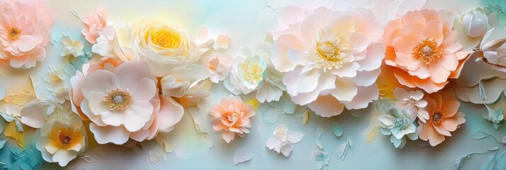 Obraz premium Hyperrealistic blooming flowers background with soft pastel colors and ultra-detailed petals creating a dreamy and vibrant atmosphere