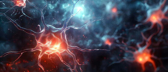Obraz premium Exploring the Intricate World of Neurons: Stunning 3D Microbiology Render of Nerve Cells Background with Ample Copy Space, Generative AI