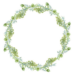 Round fern frame with lush fronds. Hand-drawn watercolor natural frame with opened and curled ferns. Perfect for wedding invitations, botanical prints, minimalist home decor, romantic greeting cards.