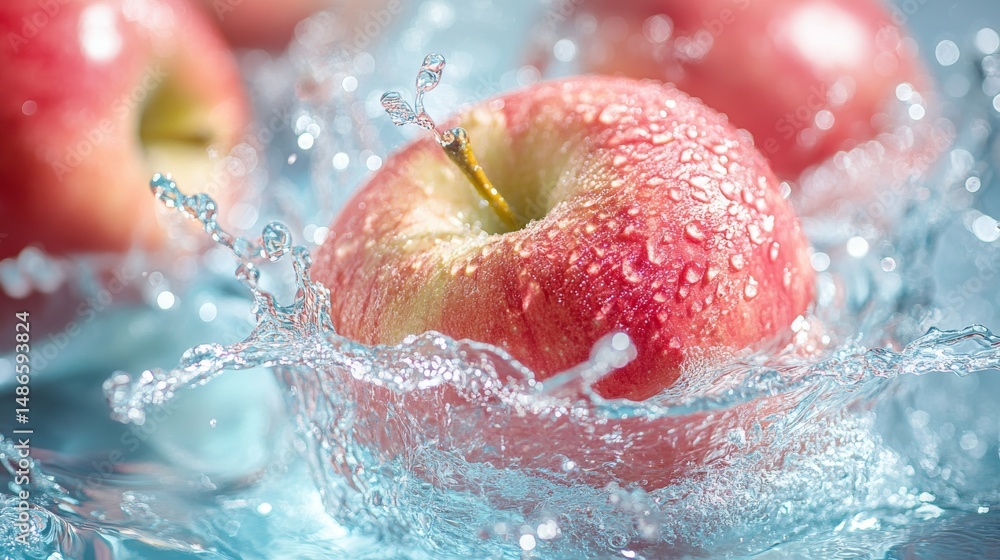 Poster the image features red apples with a blue-green background and splashing water