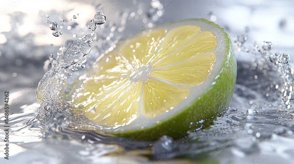 Poster water droplets on the surface of a lime create the appearance of the fruit being sliced in two while