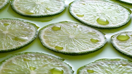 On a green platter, a stacked group of limes sits, with water droplets dripping down from the table's surface