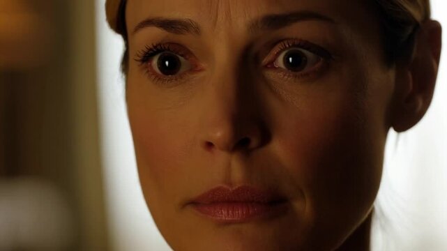 Very bad news: Close-up of a woman's face in deep shock and deep thought, her eyes wide open, sometimes darting, sometimes staring intently at one point