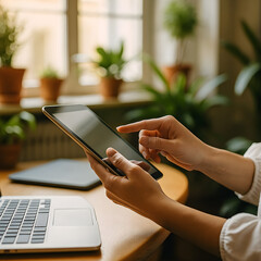 Fototapeta premium Close-up of a person using a digital tablet at a wooden desk in a cozy home office. Hands interacting with touchscreen device, surrounded by a laptop and potted plants