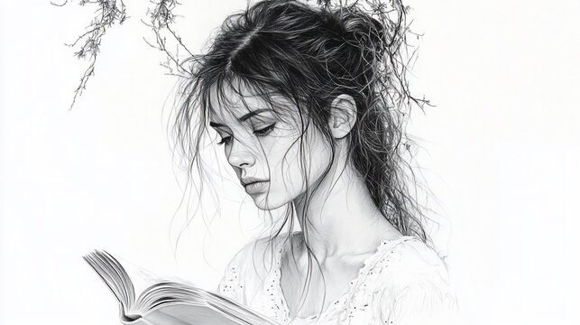 Pensive young woman engrossed in book, delicate botanical detail