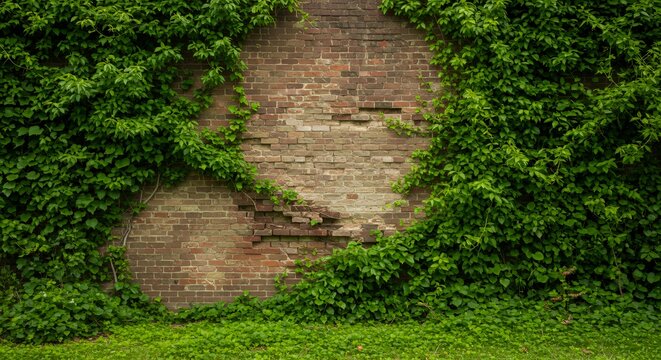 Rustic Red Brick Wall with Green Ivy Isolated on White Screen Background Featuring Damaged Sections Revealing Weathered Texture for Artistic Projects or Promotion Needs