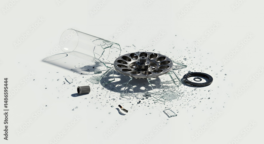 Poster shattered centrifuge tube components scattered emphasizing fragility of scientific progress isolated