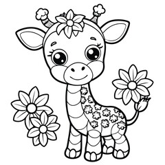 Cute Baby Giraffe Coloring Page: Free Printable Flower Giraffe Coloring Page