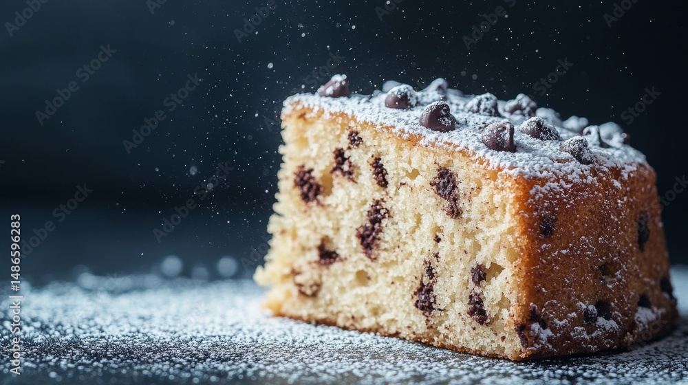 Poster chocolate chips are present on a table that also features a cake and a piece of cake from which some