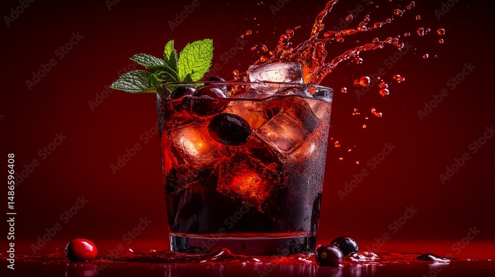 Poster the image is a close-up view of a refreshing beverage in a glass, complete with ice and a mint sprig