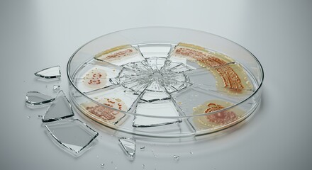 Fototapeta premium Sterile Splintered Petri Dish with Culture Remnants Isolated on White Screen Scientific Disappointment Symbol Glass Shards Laboratory Research Object Still Life