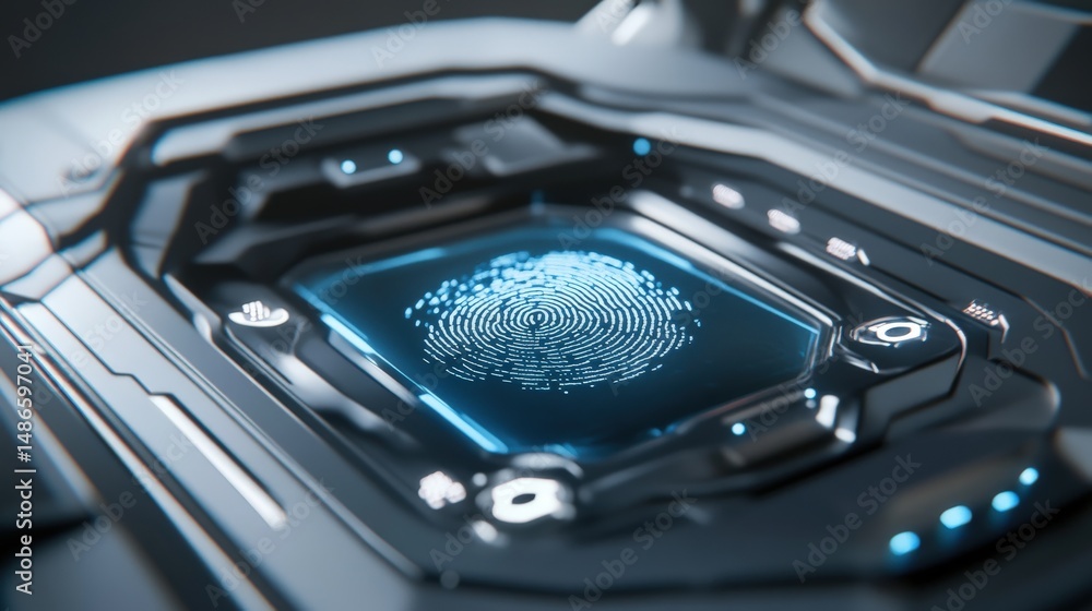 Poster close-up view of a futuristic fingerprint scanner.