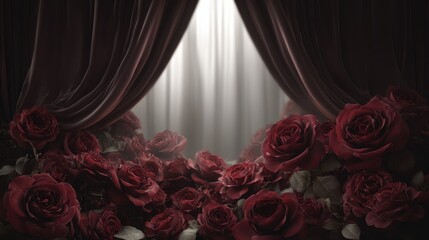 Elegant dark red roses in foreground with flowing curtain backdrop, soft light creating romantic atmosphere and inviting ambiance for special occasions