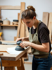 Female carpenter grinding wood with sandpaper in carpentry or diy workshop. Electric sander working in carpentry. Girl polishes wooden board with electric orbital sander.