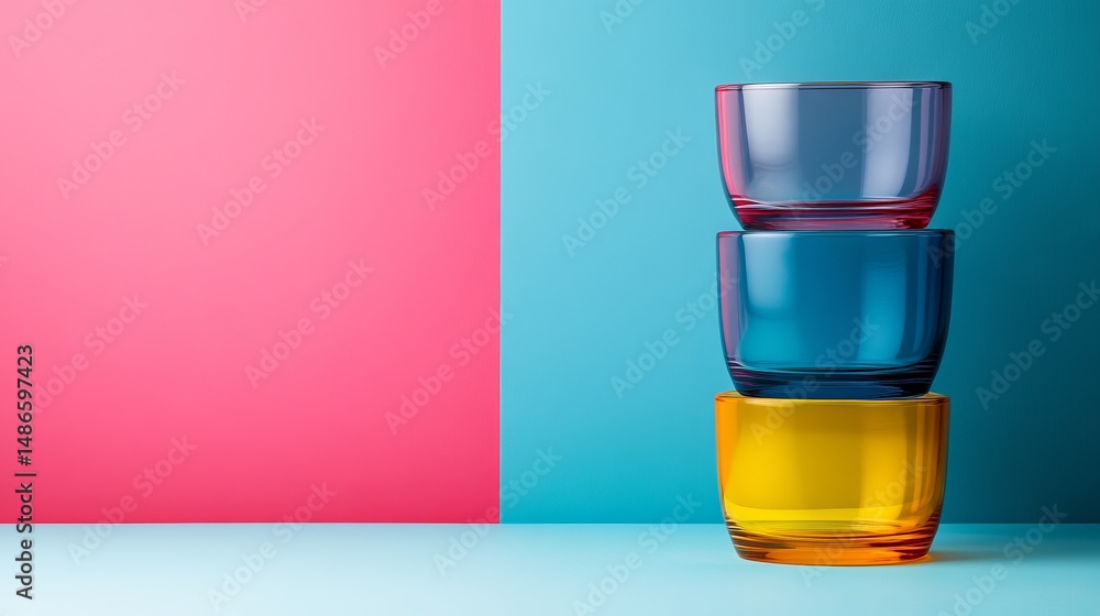 Poster three differently colored glasses are positioned on a multicolored countertop that includes blue and