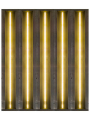 Five vertical yellow fluorescent lights in aluminum frame are isolated.