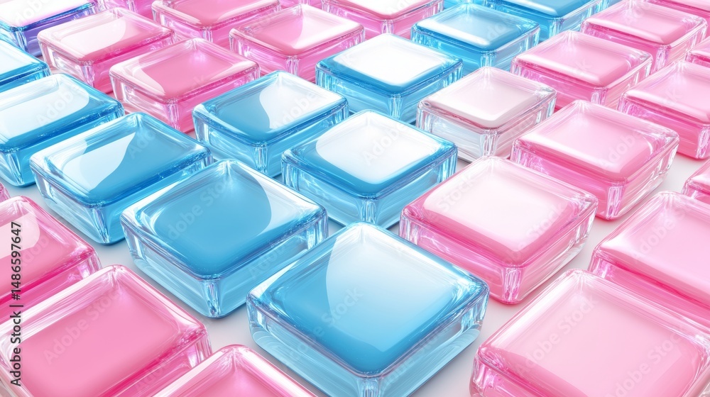 Poster a close-up view of a mosaic wall featuring tiles in different shades of pink and blue, from which a 