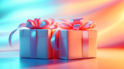 Fototapeta premium A blue-pink present box, with two birds perched on it, stood out against a vibrant purple backdrop