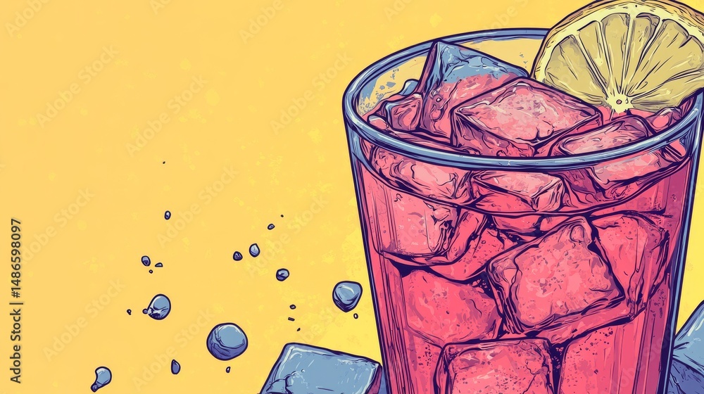 Poster the red drink in the tall glass is complemented by a lemon wedge on top and a drizzle that surrounds
