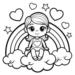 Cute Angel Girl Coloring Page: Rainbow, Clouds, Hearts Coloring Page