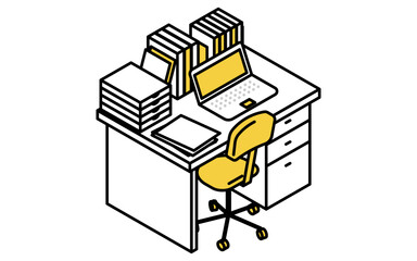 Simple and cute isometric line art illustration of a desk full of laptops, papers and documents