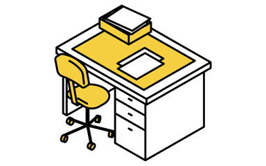 Simple and cute isometric line art illustration of a work desk with papers on it