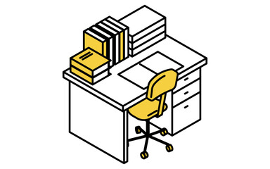 Simple and cute isometric line art illustration of a study desk lined with books
