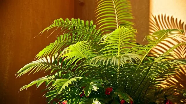 Tropical foliage and flowering plant with lanceolate leaves and red flowers in natural lighting, vibrant colors, close up