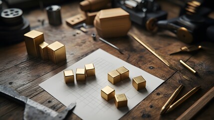 Gold Cubes on Wooden Tabletop Craftsman Workspace