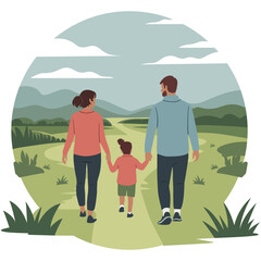 Happy Family Walking Together Outdoors, Flat Vector Illustration of Parents and Child in Nature.