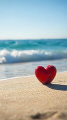 Fototapeta premium Red Heart on Sandy Beach Summer Ocean Love