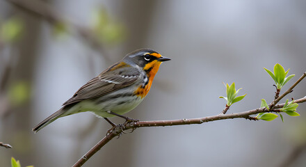 Fototapeta premium Yellow-rumped Warbler Bird Perched on Tree Branch in Spring Nature