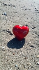 Fototapeta premium Red Heart on Sandy Beach Summer Romance