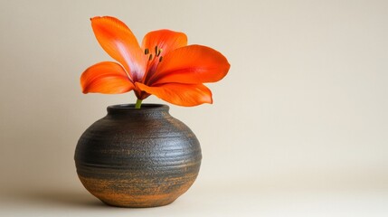 On a table under a light mounted on the wall is a vase containing a flower