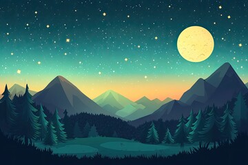 Obraz premium Night landscape with mountains, forest, and moon