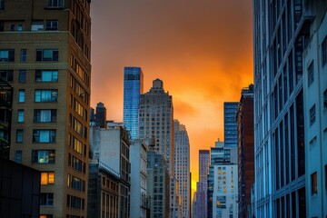 Obraz premium tall buildings in the city, with an orange sky and white and blue buildings Generative AI