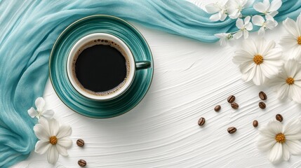On a green saucer, a cup of coffee is placed next to a bouquet of flowers and a green cloth