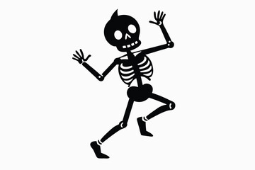 Black spooky skeleton cheerfully stretches out while running on a white background with glee