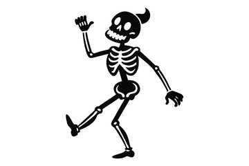 Fototapeta premium Cheerful human skeleton, with a horn on its head, is dancing cheerfully