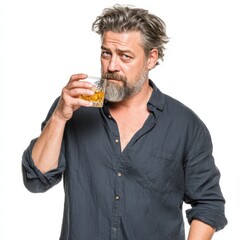 Fototapeta premium Mature man with graying hair enjoying a whiskey drink in a casual shirt A relaxed portrait against a white background