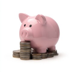 Pink Piggy Bank Sitting on a Stack of Coins Representing Savings and Financial Security