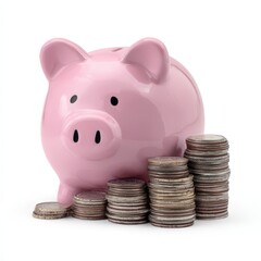 Pink Piggy Bank with Stacks of Coins Representing Savings and Financial Growth