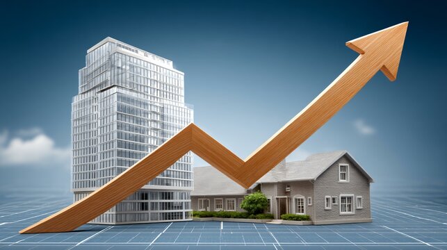 A clean glass-effect arrow climbing diagonally over a blueprint-style map and building silhouettes, featuring illuminated segment markers and numeric index readouts ascending to symbolize property