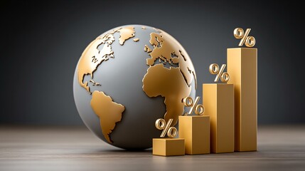 A sleek arrow composed of rising bar segments over a semi-transparent globe and architectural outlines, each segment topped by a glowing index node and ascending percentage label to illustrate