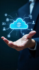 A hand holding a glowing cloud with law scale icon inside. Represents cloud computing and legal service