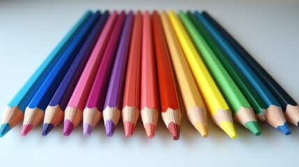 Fototapeta premium Colorful pencils row vibrant hues and wooden textures for art and design