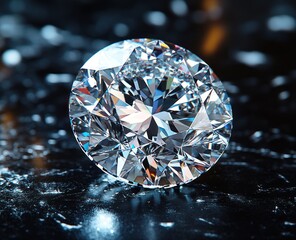 Sparkling, round brilliant cut diamond resting on a dark surface.