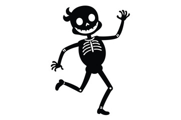 Smiling black cartoon skeleton with hair is joyfully running on a white background