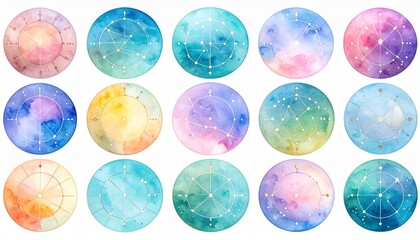Zodiac Constellations in Watercolor Circles &ndash; Used in astrology apps and prints